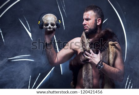 Scary man in a bear coat with scar