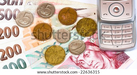 Czech bank notes, coins and mobil phone