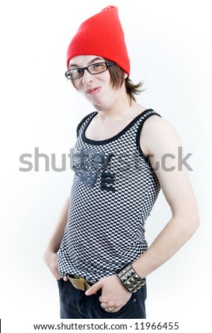 Emotional teenager in red hat isolated on white background Stock fotó © 