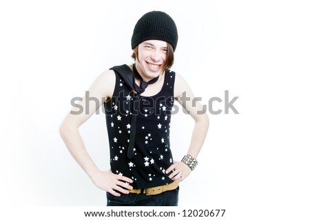 Emotional teenager in black hat smiling, isolated on white background Stock fotó © 