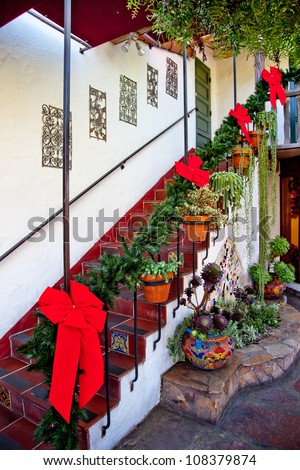 Steps and Stairs Christmas Wreath Decorations Red Ribbons Cactus Old San Diego Town California