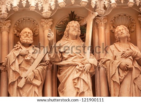 jesus, Christ, Disciples St. Peter, St. John Statues Monestir Monastery of Montserrat, Barcelona, Catalonia, Spain  Founded in 9th Century, destroyed in 1811 when French invaded Spain. Rebuilt in 1844