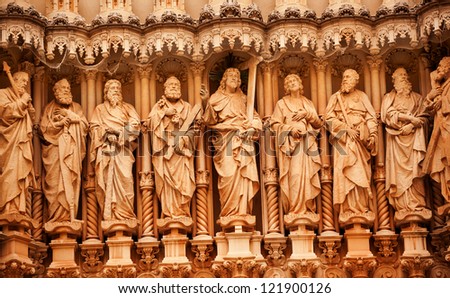 Jesus Chris, Disciples St. Peter, St. John, Statues Monestir Monastery of Montserrat, Barcelona, Catalonia, Spain  Founded in 9th Century destroyed 1811 when French invaded Spain Rebuilt 1844