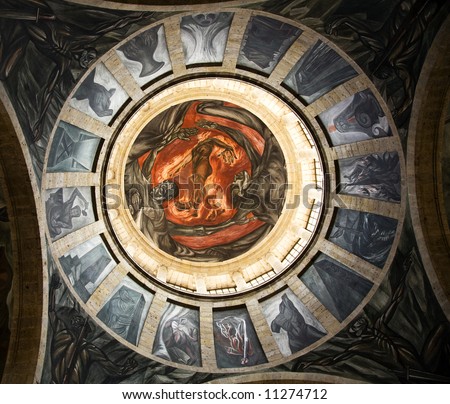 Clemente Orozco Mural of Hell in Dome Cabanas Cultural Institute, Guadalajara, Mexico.  Orozco painted this mural in the late 1930s and died in 1949.
