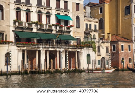 Grand Canal Red Flowers Homes Balconies White Boat Gondola Poles Reflections Venice Italy