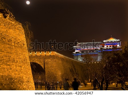 Walking in the City Wall Park Night with Moon Southeast Corner Watchtower Dongguan Men Beijing China