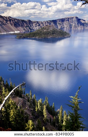 Crater Lake Reflection, Wizard Island, Clouds Blue Sky Oregon Pacific Northwest