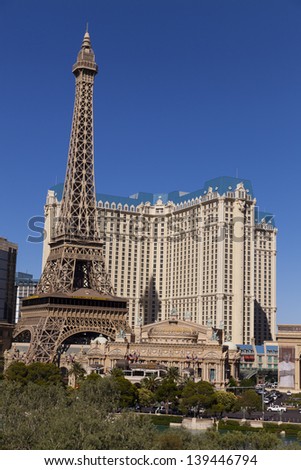 LAS VEGAS - MAY 20, 2013 - Paris Hotel on May 20, 2013  in Las Vegas. The scale model of the Eiffel Tower was designed to be full scale, but the airport was too close so the tower is half scale.