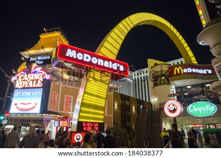 LAS VEGAS - MARCH 21, 2014 - A view of the Giant McDonald\'s arch on the Las Vegas Strip.