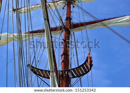 Sailing masts of traditional vintage wooden tall ships sky background