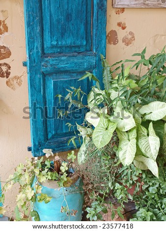 Traditional classical Greek house entrance blue door Greece Aegean Islands