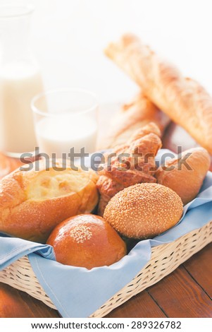 bun,bread and croissant in basket for breakfast with color effect