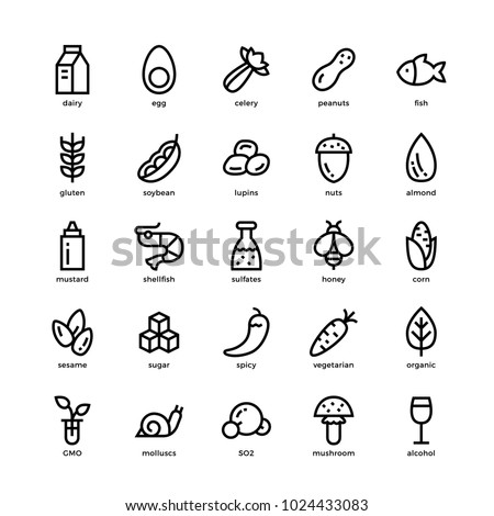 25 basic allergens and diet line icons set. Isolated on white background. Сток-фото © 