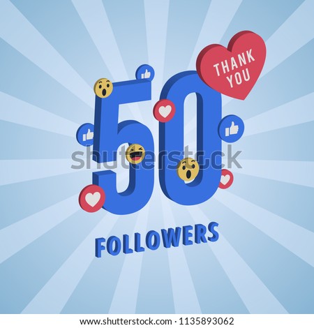 Social media banner with thank you for 50 followers. Blue card with 3D Thank you celebrate all subscribers or followers with simple post.