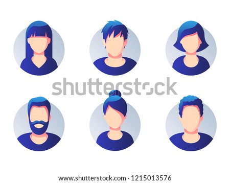 Set of diverse round avatars isolated on white background. Different clothes and hair styles. Simple flat cartoon style with gradient.