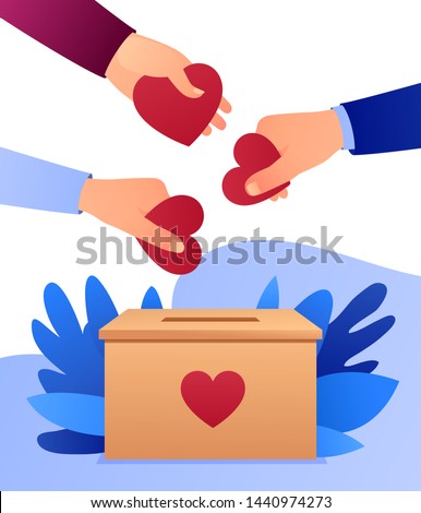 People throw hearts into a box for donations. Hearts in hand. Donation box. Donate, giving money and love. Modern vector illustration, flat style design with gradient. 