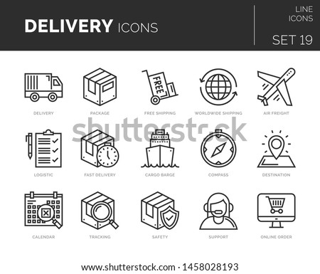 Set of vector delivery icons. Icons are in flat / line design with elements for mobile concepts and web apps. Collection of modern infographic logos and pictograms.