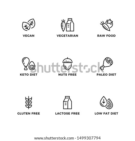 Vector set of design elements, logo design template, icons and badges for healthy diets. Line icon set, editable stroke. 