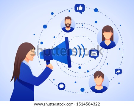 Public relations and marketing background with symbols and people. Social media marketing concept. Flat style design with gradient. Modern vector.