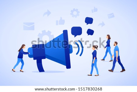 Public relations and marketing background with symbols and people. Social media marketing concept. Flat style design with gradient. Modern vector.