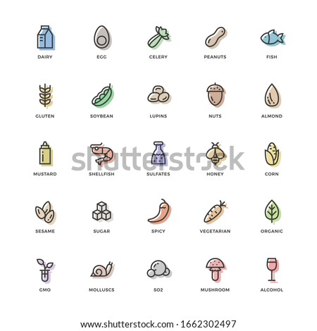 25 basic allergens and diet line icons set. Isolated on white background. Foto stock © 
