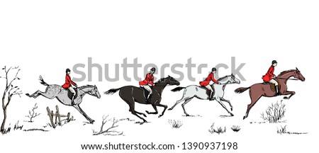 Equestrian sport fox hunting with horse riders english style in red jacket on landscape. England steeplechase tradition frame, header banner or border. Hand drawing vector vintage art pattern on white