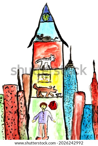 Doodle house with floors. Funny hand painting city building with boy, dog cat and mouse. Watercolor like kids hand drawn vivid art. Urban lockdown isolation. Childlike comic indoor family