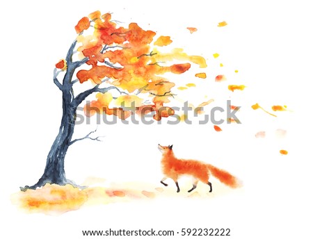 Watercolor autumn tree with yellow and orange leaves and red fluffy cute fox on white. Leaf fall with wind on white. Playing going smiling foxy. Hand drawing illustration.