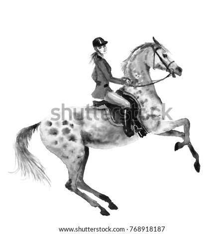Horseback rider and rearing dapple grey horse. Black and white monochrome watercolor or ink hand drawing illustration. Horseman girl on stallion. England equestrian sport traditional hunting style. Сток-фото © 