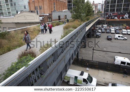 NEW YORK CITY - OCT 14: High Line Park in NYC seen on October 14th 2014.The High Line is a public park built on an historic freight rail line elevated above the streets on Manhattan`s West Side.