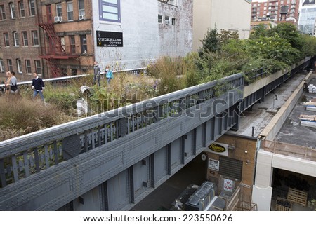 NEW YORK CITY - OCT 14: High Line Park in NYC seen on October 14th 2014.The High Line is a public park built on an historic freight rail line elevated above the streets on Manhattan`s West Side.