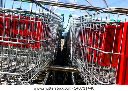 Close up, shopping carts outside of supermarket in rows./shopping carts/shopping