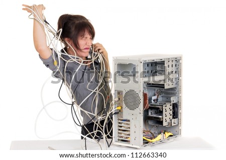 business woman going insane with damaged computer