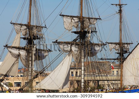 BORDEAUX, FRANCE, AUGUST 20, 2015 : close view of  The frigate L \'Hermione in the port of Bordeaux in France, this is a copy of the historical ship used by Lafayette when he sailed to America in 1780.