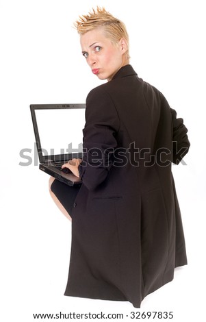 punk rock blond business woman using laptop isolated on white