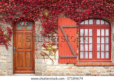 red autumn vine climbing traditional granite house, brittany