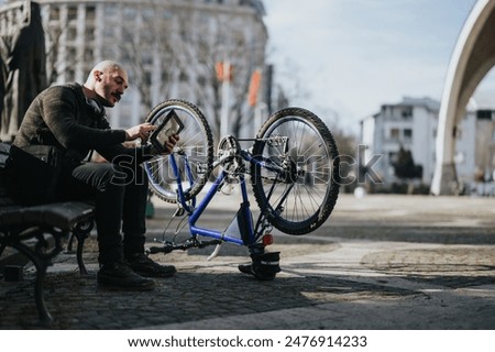 Similar – Foto Bild Konzentrierter Mann repariert Fahrrad in Garage