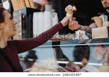 Similar – Image, Stock Photo young woman in cones of light from nocturnal street lighting lanterns