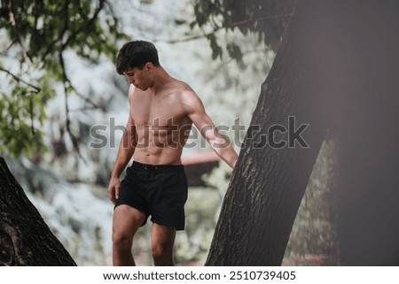 Similar – Image, Stock Photo Young man shirtless on the beach, clear background, liberty confidence concepts, holiday, beard and long hair