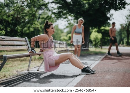 Similar – Image, Stock Photo Athletic woman doing triceps push-ups with a barbell plate