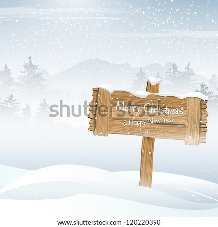 Wooden sign in a winter landscape
