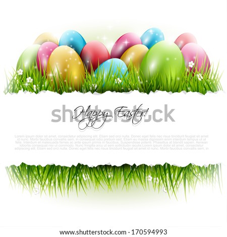 Easter background with eggs in grass and with copyspace