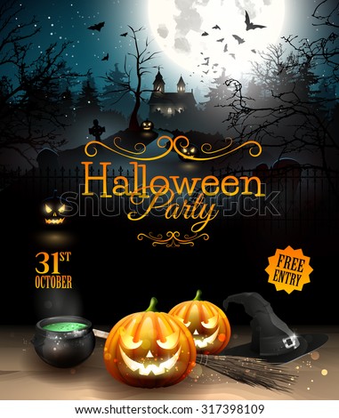 Halloween party flyer with pumpkins, hat, pot and old broom in front of scary castle