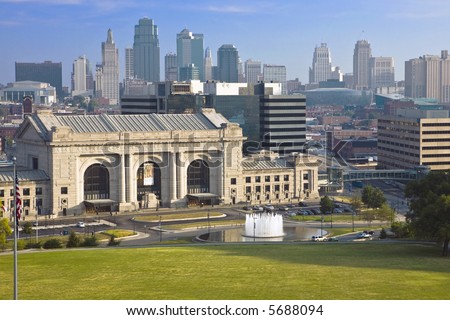 Kansas City skyline backdrops the famed Union Station and memorial fountain