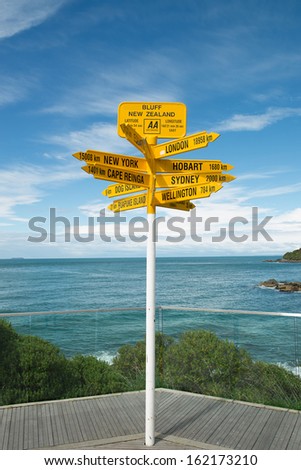 Global signpost - world distances measured from the world\'s southernmost signpost in Bluff, New Zealand.