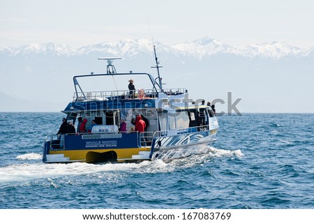 NEW ZEALAND, KAIKOURA - SEPTEMBER 21: Tourists in whale watching boat looking for sperm whales off New Zealand\'s East coast, September 21, 2013 Kaikoura, New Zealand