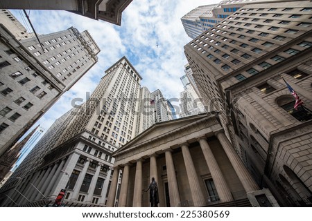 Highrise buildings in Wall Street financial district, New York City
