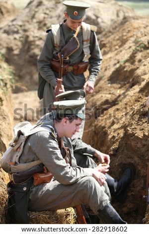BOLIMOW, POLAND - MAY 31, 2015: First World War. Military reconstruction commemorating the hundredth anniversary  of the first use of gas warfare on the battlefield at May 31, 2015 Bolimow, Poland.
