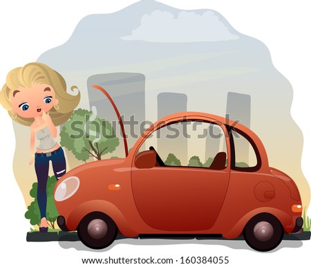 Woman and a car trouble. Vector illustration.