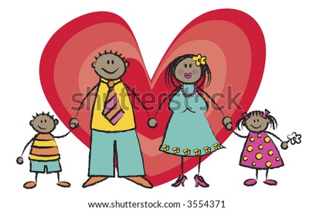 Happy Family In Dark Skin Tone (Raster) - Cartoon Illustration ...